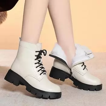 Женская зимняя обувь, ботинки из натуральной кожи, новые теплые женские ботинки из натуральной шерсти, большие размеры, женские ботинки в британском стиле 35