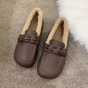 Женская зимняя обувь из искусственной кожи, повседневная, теплая, на плоской подошве, для зимнего отдыха, лоферы, мокасины для женщин, тенденции 2024 года 35 чёрный