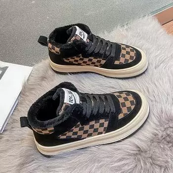 Женская зимняя обувь Мода Клетчатые Повседневные обувь для ходьбы High-Top Plus Бархат Теплые туфли 35