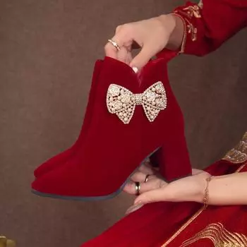 Женская зимняя обувь на молнии, красная, с острым носком, на высоком каблуке, короткая, из ткани, плюшевая 34