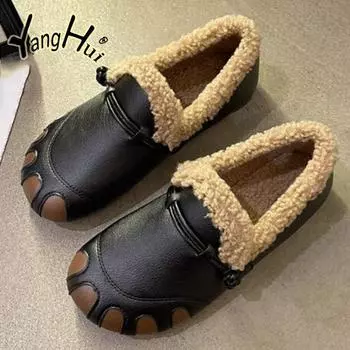 Женская зимняя обувь на плоской подошве 2024 года, новая натуральная искусственная кожа в стиле ретро, плюшевая, сохраняющая тепло, нескользящая обувь для женщин, мода 35 чёрный