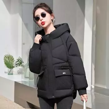 Женская зимняя одежда куртка пуховик хлопок с принтом молния с капюшоном Miss Slim короткий тонкий пуховик хлопок сохраняющий тепло женское пальто S чёрный