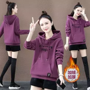 Женская зимняя одежда, новый свитер с капюшоном, женская флисовая утолщенная теплая толстовка с капюшоном, модная куртка с низом и верхом M recommends 75-45 kg