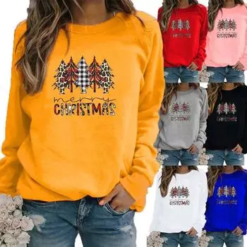 Женская зимняя одежда, повседневная толстовка с рождественским принтом, топы с длинными рукавами, футболка, женский пуловер с круглым вырезом, свитер XS белый