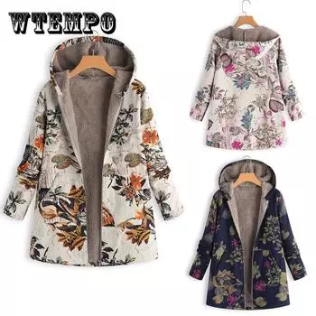 Женская зимняя одежда с длинным рукавом плюс бархатное пальто с цветочным принтом и капюшоном S тёмно-синий