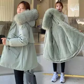 Женская зимняя одежда средней и длинной длины в Корейском стиле со свободной талией и тонким бархатным большим меховым воротником из хлопка M хаки