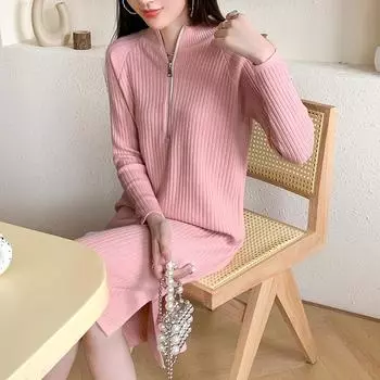 Женская зимняя одежда Трикотаж Длинный свитер Платье Молния Боковой разрез Пуловеры Уличная одежда Плотное платье Для женщин OneSize кофейный