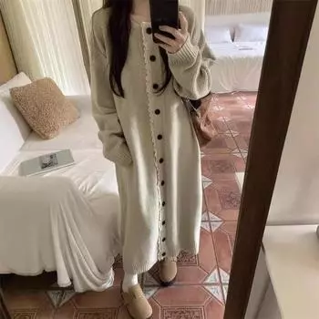 Женская зимняя одежда Трикотаж Трикотаж Пуловеры Кружева До Колена Длинное Платье Кардиган Свитер Для Женщин Уличная Мода Одежда OneSize розовый