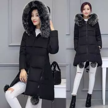 Женская зимняя однотонная куртка средней длины из утепленного хлопка с капюшоном и молнией в корейском стиле размера плюс 6XL чёрный