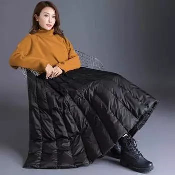 Женская зимняя однотонная легкая юбка-пуховик с высокой талией, утолщенная теплая узкая юбка А-силуэта 3XL чёрный