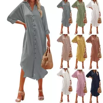 Женская зимняя однотонная повседневная рубашка с длинным рукавом и V-образным вырезом, свободные платья-рубашки XL зелёный