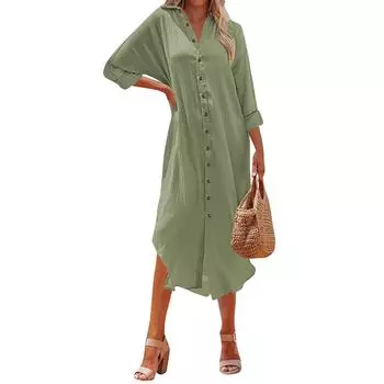 Женская зимняя однотонная повседневная рубашка с длинным рукавом и V-образным вырезом, свободные платья-рубашки XL зелёный