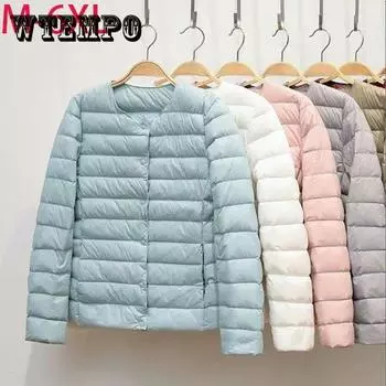 WTEMPO женские зимние однотонные ватные куртки ультралегкие пальто на утином пуху женские осенние повседневные хлопковые пальто большого размера с круглым вырезом XXXXXXL дубильная кора