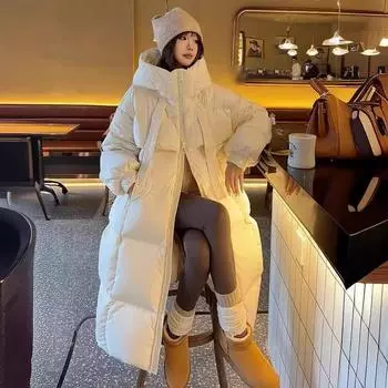 Женская зимняя осенняя куртка-пуховик с капюшоном из белого утиного пуха, длинное однотонное свободное пуховое пальто с воротником-стойкой S чёрный