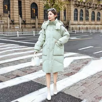 Женская зимняя осенняя куртка-пуховик с капюшоном из белого утиного пуха, свободное длинное однотонное пальто с большим карманом, съемная шапка, пуховое пальто S имбирный