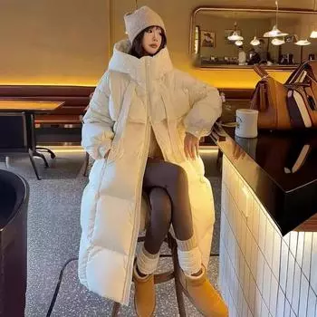 Женская зимняя осенняя куртка-пуховик с капюшоном из белого утиного пуха, длинное однотонное свободное пуховое пальто с воротником-стойкой S бежевый