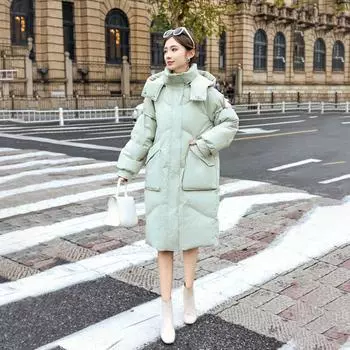 Женская зимняя осенняя куртка-пуховик с капюшоном из белого утиного пуха, свободное длинное однотонное пальто с большим карманом, съемная шапка, пуховое пальто S чёрный