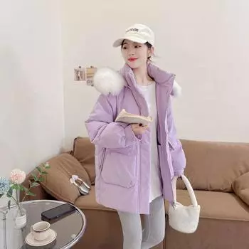 Женская зимняя осенняя куртка с капюшоном и меховым воротником из белого утиного пуха, свободное однотонное пальто с большим карманом, утолщенное пуховое пальто S