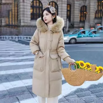 Женская зимняя осенняя куртка с капюшоном из белого утиного пуха, свободное однотонное длинное пальто с большим карманом
