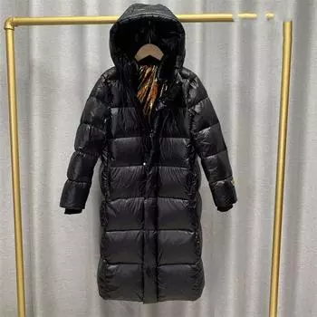 Женская зимняя осенняя куртка с капюшоном на белом утином пуху, пальто, свободное длинное, однотонное, с большим карманом, ветрозащитное, утолщенное пуховое пальто S чёрный