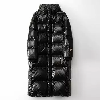 Женская зимняя осенняя куртка с капюшоном на белом утином пуху, пальто, свободное длинное, однотонное, с большим карманом, ветрозащитное пуховое пальто M чёрный