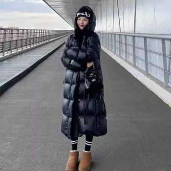 Женская зимняя осенняя куртка с капюшоном на белом утином пуху, пальто, свободное длинное, однотонное, с большим карманом, ветрозащитное пуховое пальто M чёрный