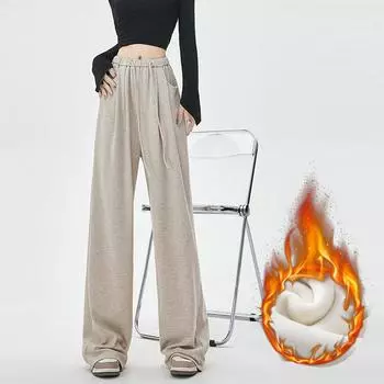 Женская зимняя осенняя одежда Плюс бархатные толстые брюки с высокой талией Повседневные широкие брюки для женщин Уличная модная одежда S