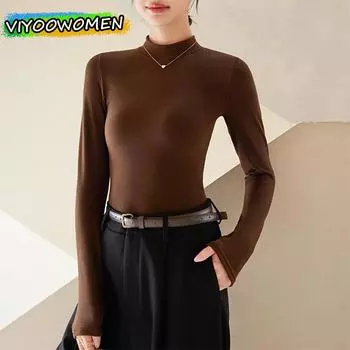 Женская зимняя осенняя одежда Вязаный свитер Трикотаж Базовые футболки с длинным рукавом Топы Блузки Корейские офисные майки для женщин 2XL темно серый