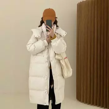 Женская зимняя осенняя толстая куртка-пуховик с капюшоном из белого утиного пуха, свободное длинное однотонное пальто с большим карманом, съемная шапка, пуховое пальто S бежевый