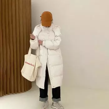Женская зимняя осенняя толстая куртка-пуховик с капюшоном из белого утиного пуха, свободное длинное однотонное пальто с большим карманом, съемная шапка, пуховое пальто S