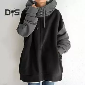 Женская зимняя осенняя толстовка с капюшоном в стиле пэчворк контрастного цвета, потайная молния с длинным рукавом, средней длины, свободный пуловер с карманами, толстая женская толстовка с капюшоном на шнурке 3XL кофейный