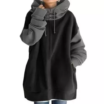 Женская зимняя осенняя толстовка с капюшоном в стиле пэчворк контрастного цвета, потайная молния с длинным рукавом, средней длины, свободный пуловер с карманами, толстая женская толстовка с капюшоном на шнурке S кофейный