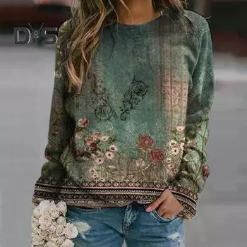 Женская зимняя осенняя толстовка с винтажным цветочным принтом в полоску, круглым вырезом, этническим стилем, длинным рукавом, свободным свитером, цветной женской футболкой, блузкой 3XL темно-зеленого