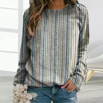 Женская зимняя осенняя толстовка с винтажным цветочным полосатым принтом и круглым вырезом в этническом стиле с длинными рукавами, свободный пуловер, цветная женская футболка, блузка 3XL темно-зеленого