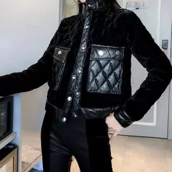Женская зимняя парка из искусственной кожи, бархатная лоскутная куртка с хлопковой подкладкой S чёрный
