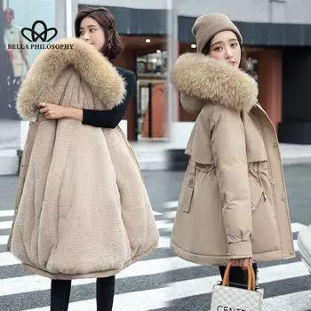 Женская зимняя парка с хлопковой подкладкой, повседневная корейская женская теплая свободная куртка средней длины с большим меховым воротником, хлопковая стеганая куртка M чёрный