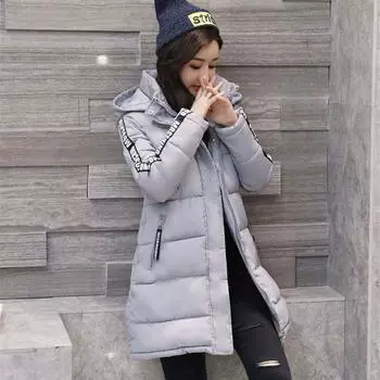 Женская зимняя парка с капюшоном и длинным рукавом, однотонное пальто с буквами на молнии, теплая парка с хлопковой подкладкой M серый