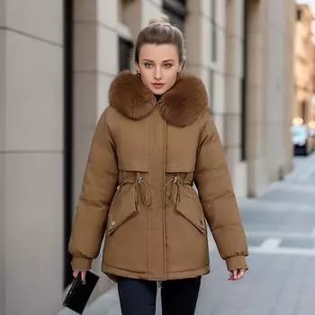 Женская зимняя парка средней длины из плюша и плотного хлопка с большим меховым воротником M чёрный