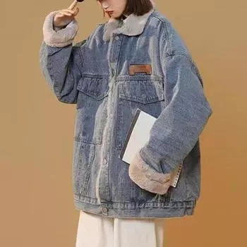 Женская зимняя плюшевая джинсовая куртка, повседневная теплая бейсбольная куртка с подкладкой на хлопковой подкладке M синий