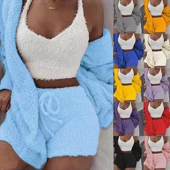 Женская зимняя плюшевая пижама из пуха, повседневные комплекты из 3 предметов, пижамный комплект, пальто с длинными рукавами, жилет с v-образным вырезом, шорты, брюки, костюм S светло-синий