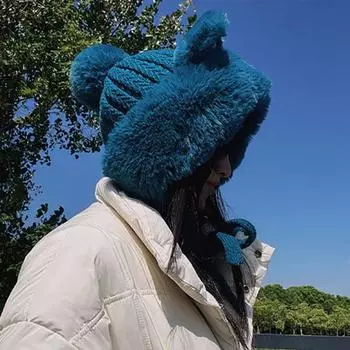 Женская зимняя плюшевая шапка с милыми кошачьими ушками, однотонная вязаная шапка с защитой ушей, утепленный головной убор на шнуровке чёрный