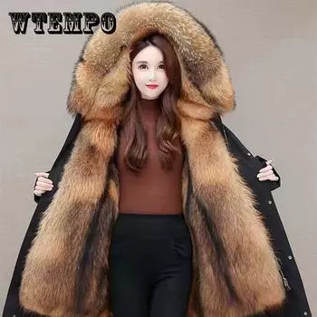 Женская зимняя подкладка из лисьего меха щуки, съемная зимняя шуба средней длины с подкладкой из искусственного меха для женщин XXXXL