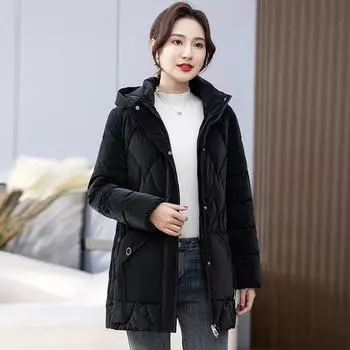 Женская зимняя повседневная куртка с капюшоном, хлопковое пальто-пуховик, куртка средней длины, теплая пуховая парка из хлопка, верхняя одежда для мам 6XL чёрный