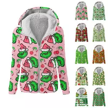 Женская зимняя повседневная модная плюшевая куртка-свитер на молнии с капюшоном и принтом XL зелёный