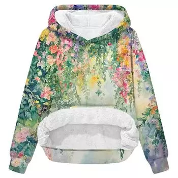 Женская зимняя повседневная модная толстовка с круглым вырезом и длинным рукавом из бархата с утолщенным капюшоном L армия зеленый