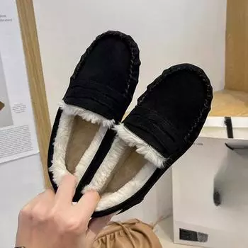 Женская зимняя повседневная обувь, новые мокасины, мягкие плоские нескользящие мокасины 2024 года, модные удобные теплые плюшевые туфли без застежек из хлопка для женщин 35 бежевый