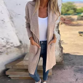 Женская зимняя повседневная однотонная винтажная куртка с длинным рукавом и карманом, шерстяной кардиган средней длины, пальто S розовый