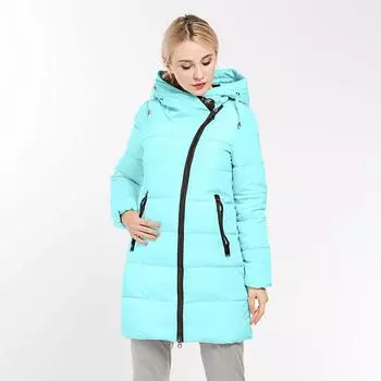 Женская зимняя повседневная пуховая хлопковая парка, куртка, пальто, средняя длинная куртка с капюшоном и воротником-стойкой, на молнии, теплый тонкий карман, однотонный цвет M небесно-голубой