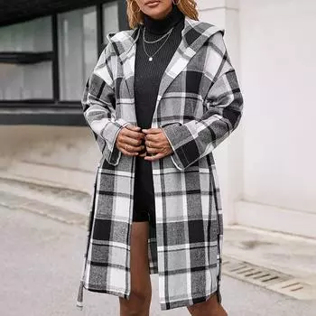 Женская зимняя повседневная свободная клетчатая ветровка средней длины с поясом и капюшоном, твидовое пальто в клетку M чёрный