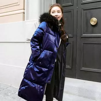 Женская зимняя пуховая хлопковая парка, куртка, пальто, длинный меховой воротник с капюшоном, молния, большой карман, глянцевая однотонная, свободная, теплая XL коричневый